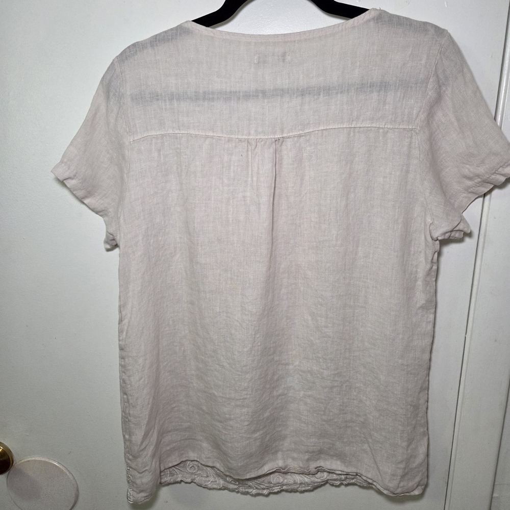 Lina Tomei Italy 100% Linen Embroidered Hem Blouse Top Beige Women's Size L - Picture 7 of 7